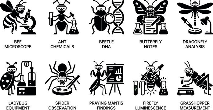 Entomology science icons set, 10 insect laboratory vectors, black bug research symbols