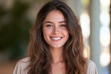 Fototapeta premium Bright, friendly portrait of a young woman with a warm smile