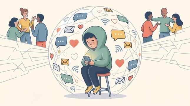 Lonely person sitting inside digital bubble holding smartphone while happy groups of friends socialize nearby in flat vector illustration style