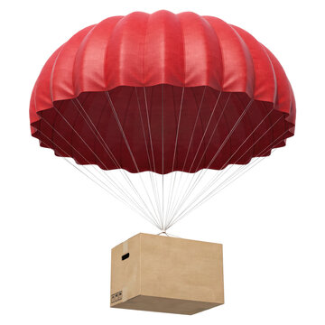 Large red parachute descending with a brown cardboard delivery box suspended by thin white ropes isolated on a transparent background