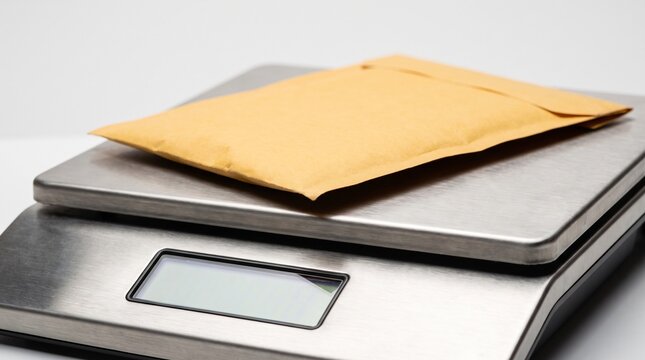 A small yellow padded envelope placed on a digital postal scale.