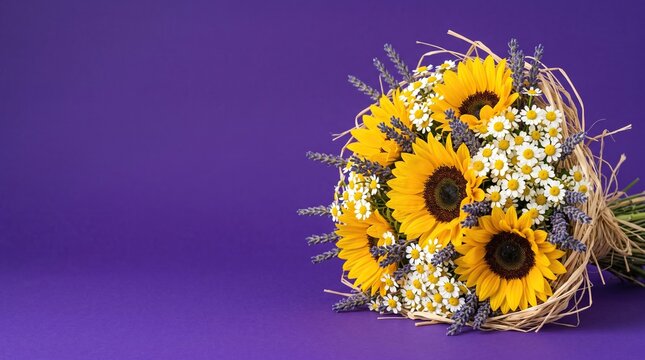 Artistic studio capture of a rustic bouquet featuring golden sunflowers, petite white daisies, and purple lavender stems tied with raffia on a solid violet surface.