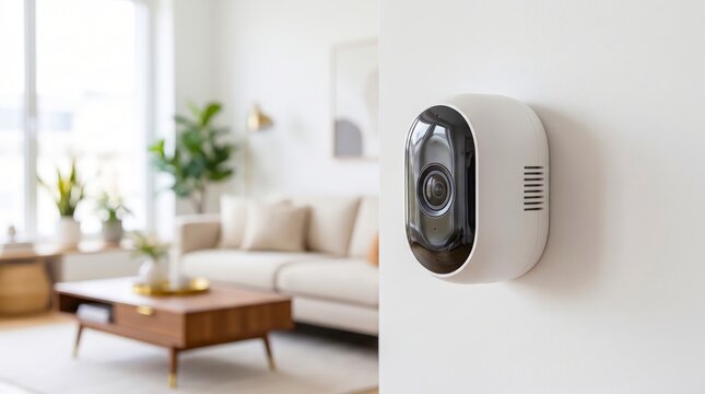 A modern white wireless security camera mounted on a clean white wall in a living room with inside bright modern surveillance observation residential
