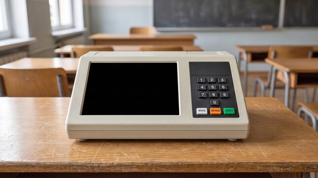 An electronic voting machine sits on a wooden desk inside an empty school classroom setting with screen positioned wooden machine keypad blank