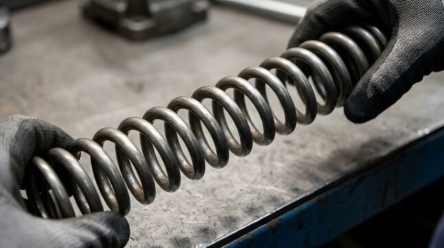 Mechanic holding a heavy metal coil spring for automotive suspension repair in workshop.