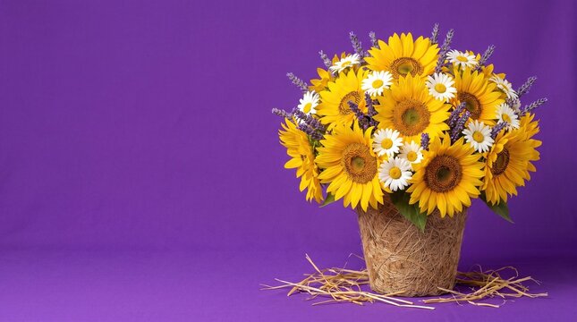 Studio portrait of a rustic woven basket filled with a dense cluster of golden sunflowers, petite white daisies, and fragrant purple lavender sprigs against a solid violet backdrop.