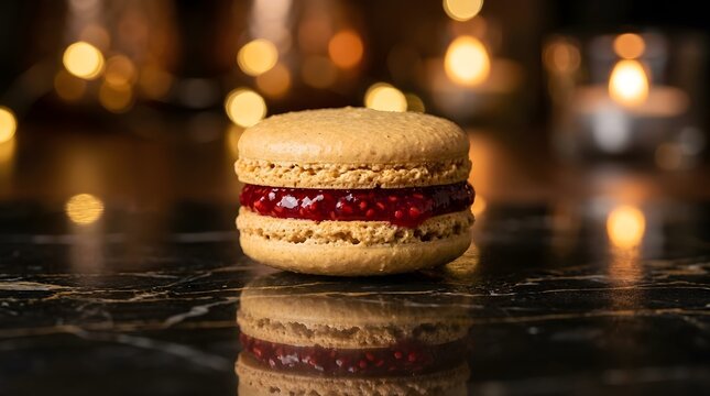 A beautifully elegant french macaron dessert featuring a vibrant raspberry filling is shown on a reflective surface with a soft blurred bokeh