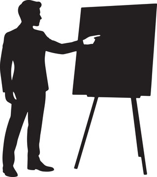 Businessman presenting on easel board black vector silhouette graphic