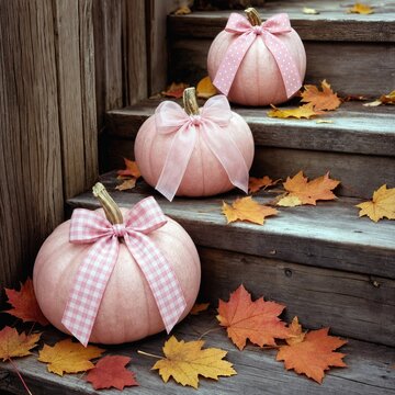 Three pumpkins adorned with pink ribbons rest on wooden steps, surrounded by scattered autumn maple leaves that enhance the serene seasonal setting