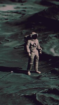 An astronaut figure stands on a rocky surface. The scene has dark colors and shows textures of the ground. This moment captures a space exploration theme with an otherworldly atmosphere.