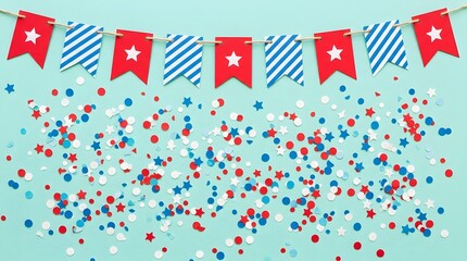 Fototapeta premium Festive patriotic bunting with stars and stripes combined with vibrant colorful confetti falling down on a light turquoise backdrop for a holiday