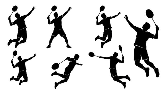 Badminton player silhouettes in dynamic jumping action poses with rackets during a match in bright studio lighting