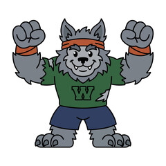 Obraz premium Strong athletic grey wolf mascot character flexing muscles wearing sportswear vector design with cartoon animal vector illustration sports team orange headband green shirt