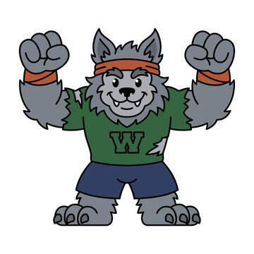 Strong athletic grey wolf mascot character flexing muscles wearing sportswear vector design with cartoon animal vector illustration sports team orange headband green shirt