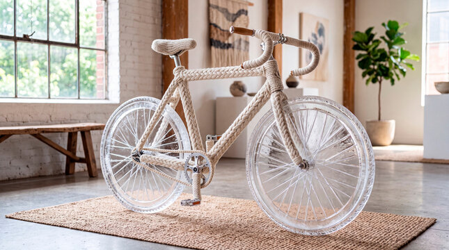 Retro bicycle with a unique braided wool yarn frame and clear ice wheels on display in an art gallery