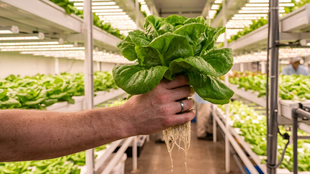 Hand holding fresh produce in hydroponic vertical farm showcasing integration of technology and