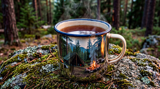 Campfire mug filled with hot tea reflects tent and fire in pine forest during outdoor camping