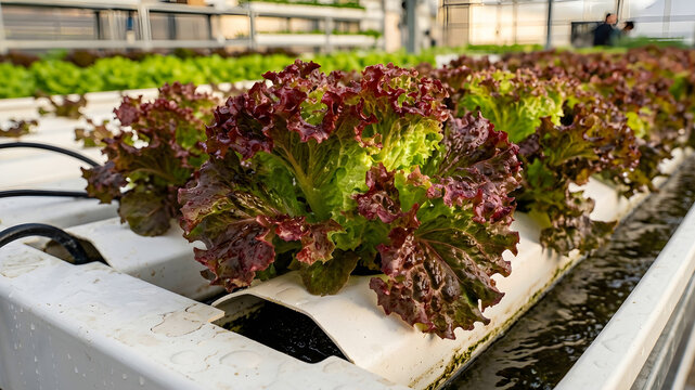 Of row with red and green lettuce grown in hydroponic system showcasing modern agriculture