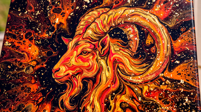 Fluid acrylic pour painting of a fire goat with gold leaf in a bright color scheme