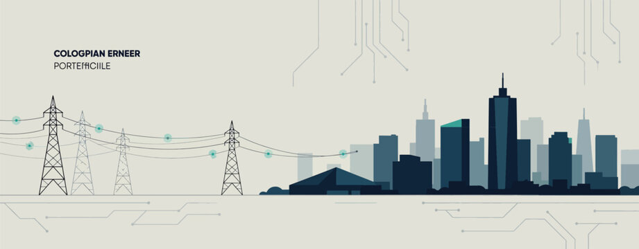 A minimalist artistic illustration featuring a detailed electrical transmission tower standing beside a modern city skyline silhouette background