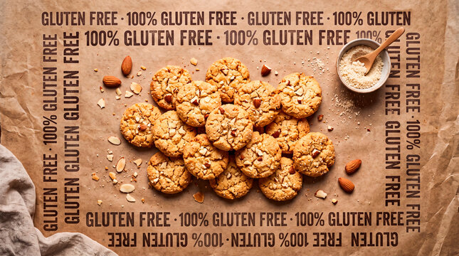 Gluten free almond biscuits on a brown paper background with text border showing gluten free labels