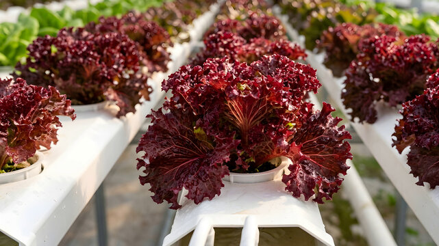 Rows of vibrant red lettuce in hydroponic containers glistening with dew drops under soft studio