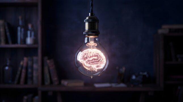 A glowing vintage edison bulb provides soft illumination within a dimly lit room filled with numerous bookshelves and a moody atmospheric vibe