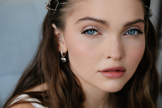 Beauty portrait of nice woman with shiny lips