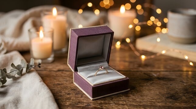 A luxurious purple jewelry box with its lid open is displayed with softly illuminated candles and beautiful winter holiday decorations
