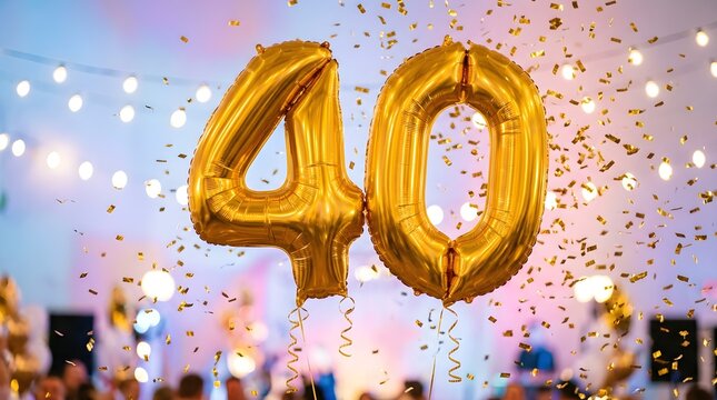 Festive golden foil number forty balloons float among colorful confetti and bright twinkling lights celebrating a special milestone birthday or anniversary occasion