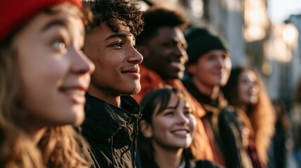 Obraz premium Candid, multiethnic crowd in a single row showing a spectrum of emotions on a sunny street