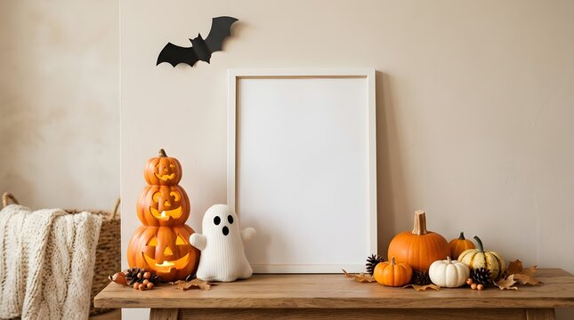 A delightful halloween still life arrangement featuring pumpkins a friendly ghost silhouette and bats with a blank frame for artwork or seasonal