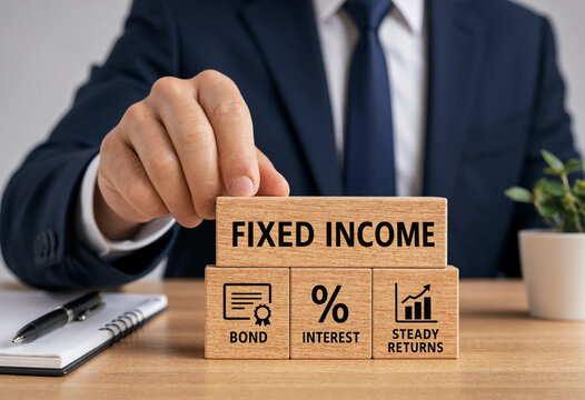 Professional pointing at fixed income investment blocks on wooden desk transparent background