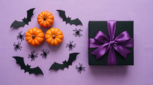 A festive halloween still life featuring small pumpkins spooky black bats and a lovely present box set against a soft lilac colored