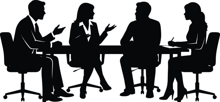 Business team meeting around conference table black vector silhouette graphic