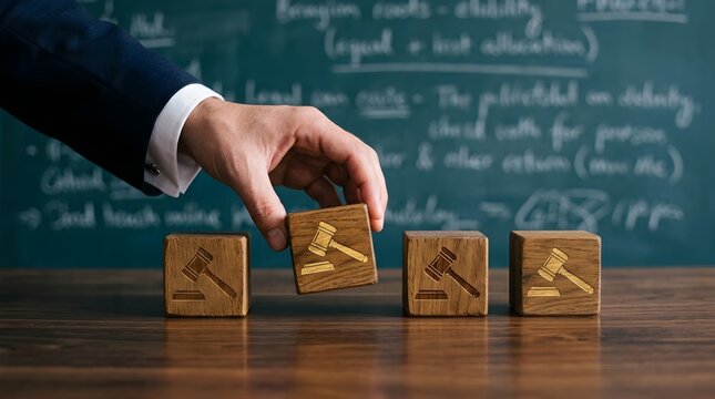 A human hand with intention and precision is choosing a single wooden block from a line of similar cubes before a chalkboard