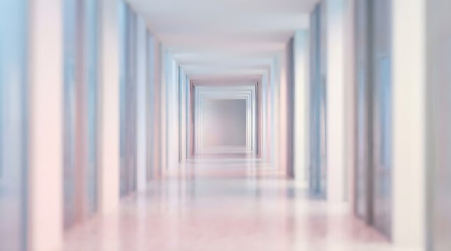 An abstract architectural hallway featuring softly colored pastel walls generates a feeling of endless depth and a serene peaceful calming environment