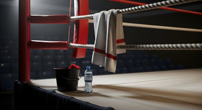 Boxing ring corner with water bottle and towel.