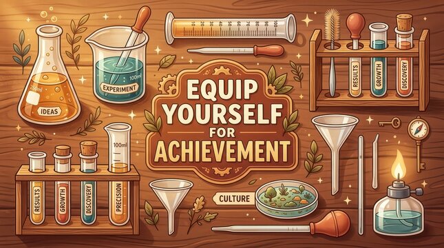 Equip Yourself For Achievement: Science Lab Equipment, Beakers, Test Tubes, Bunsen Burner, and Compass on Wooden Table Background