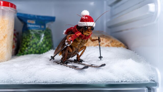 Funny anthropomorphic cockroach skiing on snow inside a refrigerator. Insect wearing a red Santa hat and scarf. Bizarre winter holiday concept