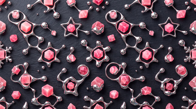 Seamless pattern of holiday ornaments made from liquid mercury and pink Himalayan salt on a dark background