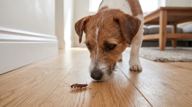 Jack Russell terrier sniffing a cockroach on a wooden floor. Pet investigating an insect