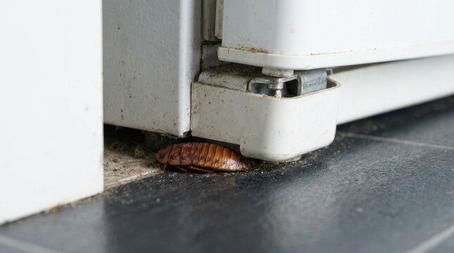 Cockroach ootheca hidden under a kitchen appliance. Pest infestation concept
