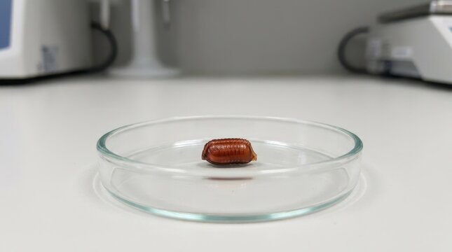 Cockroach ootheca in a laboratory petri dish. Scientific research and study