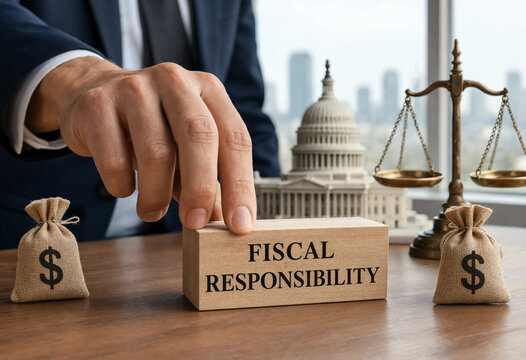Professional shows fiscal responsibility with money bags and scales in office setting transparent background
