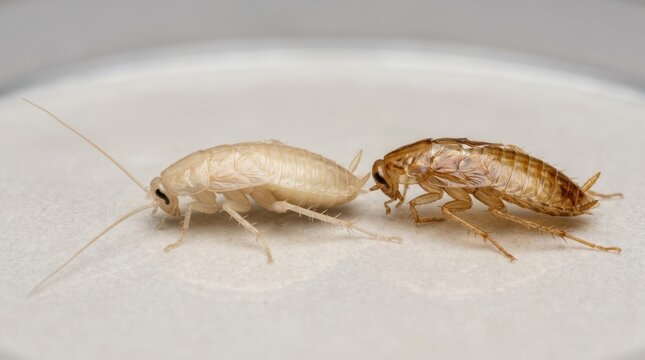 Cockroach molting process. A young nymph shedding its exoskeleton. Biological development concept