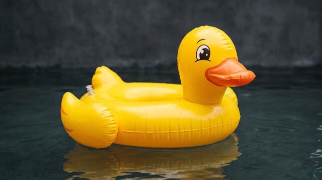 Inflatable yellow rubber duck floating on water surface.
