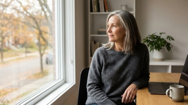 Mature woman taking a break from work at home. Senior professional looking out the window while sitting at a desk with a laptop