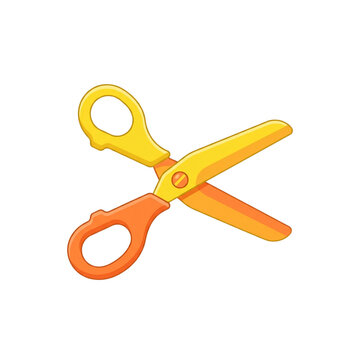 Cartoon yellow and orange plastic safety scissors isolated on white background for school supplies, art projects, office equipment, and craft themes
