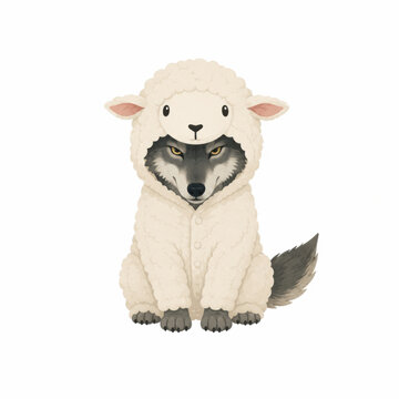 Wolf wearing sheep costume on white background. Wolf in sheep clothing concept. Animal disguise and deception metaphor. Cute cartoon character for children book illustration.